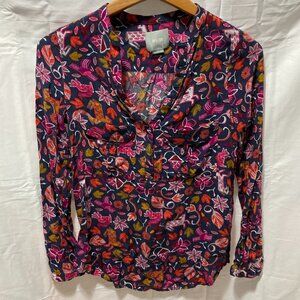 Anthropologie Maeve Womens 4 Navy Pink Floral Pattern Button Down Light